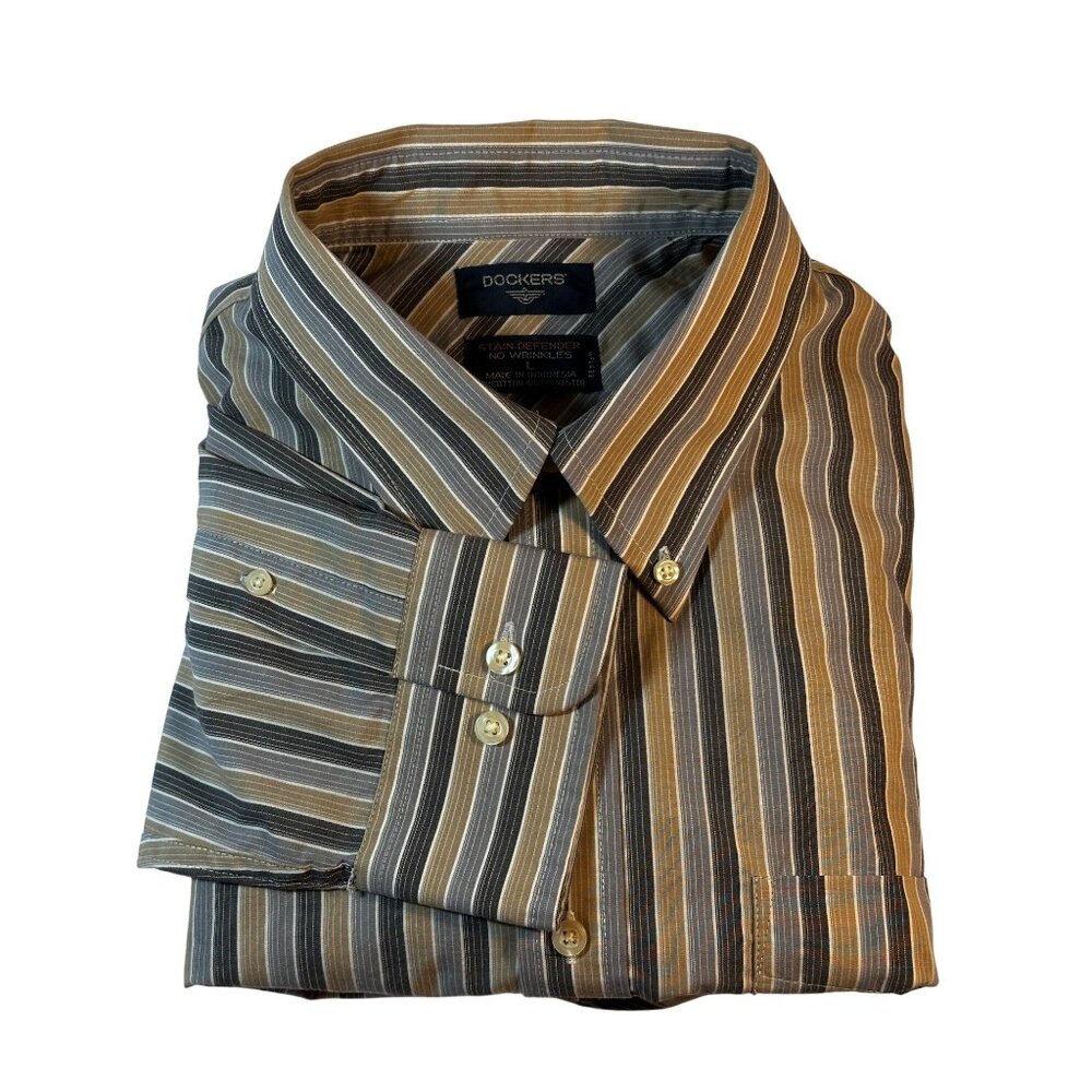 Dockers Men's Striped Long Sleeve Shirt L Stain Defender No Wrinkles
